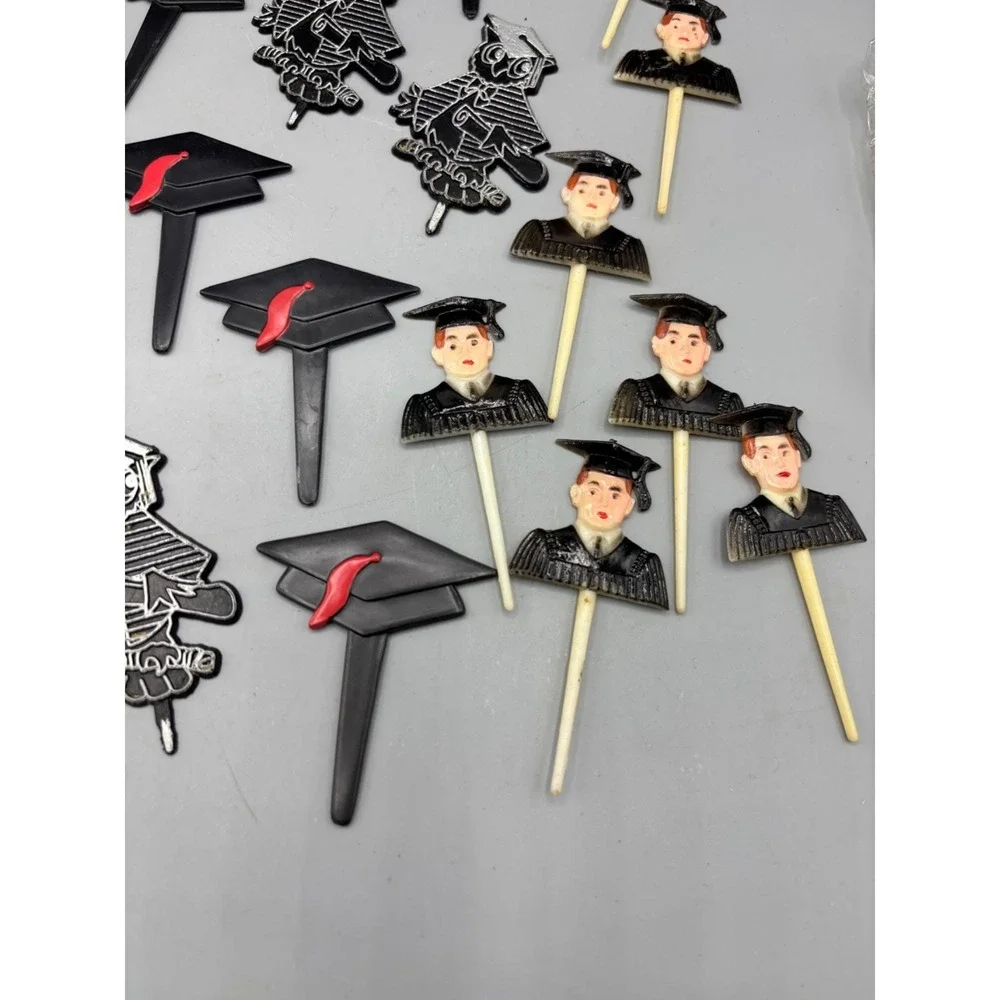 Lot Vintage Graduation Themed Cupcake Picks‎ & Cake Toppers Set Black